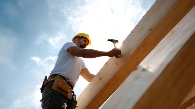 Low-angle dynamic shot of a carpenter building a wooden roof structure on a sunny day