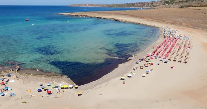 Aerial view of Macari Beach, located near San Vito Lo Capo, in province of Trapani, in Sicily, Italy. It is a beautiful coast with a turquoise and crystalline sea.