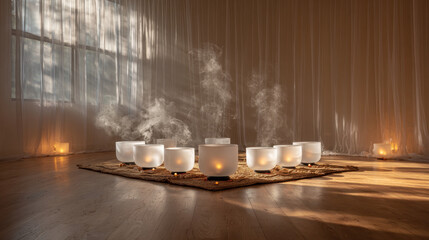 Serene sound healing session with crystal singing bowls in a tranquil space. A woman is receiving reiki treatment, a form of energy healing, with a bright light above her