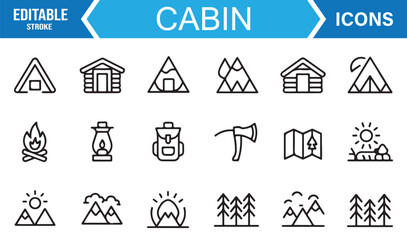 Fototapeta premium Camping and nature travel vector icons – cabin, tent, and outdoor holiday line illustration.