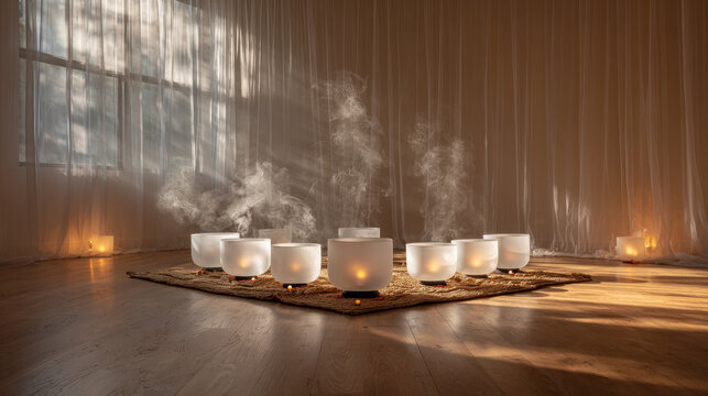 Serene sound healing session with crystal singing bowls in a tranquil space. A woman is receiving reiki treatment, a form of energy healing, with a bright light above her