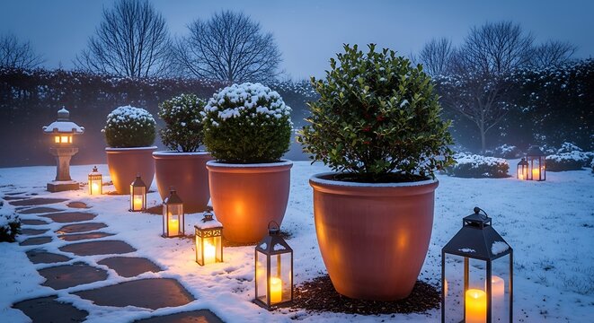 Winter garden snow scene with lanterns and topiary in pots outdoor lighting landscape design - Powered by Adobe