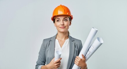 Confident female architect in an orange hard hat holding blueprints. Professional woman engineer standing on a grey background with copy space