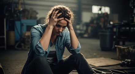 Frustrated woman feeling stressed in a workshop. Overwhelmed female worker or small business owner experiencing burnout and failure. Concept of workplace pressure and mental health challenges