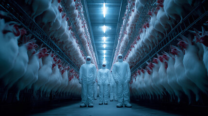 Workers in white protective suits walk through a chicken barn. Blue lighting and long rows of birds create a clinical, controlled atmosphere.