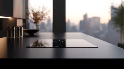 Sleek induction cooktop in a modern kitchen with city views. Clean lines and sophisticated design complement the urban backdrop, creating a luxurious cooking space.