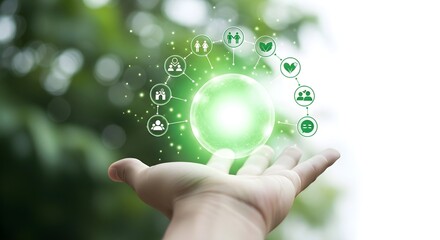 Hand holding glowing green sphere with interconnected icons representing sustainability, community, and well-being