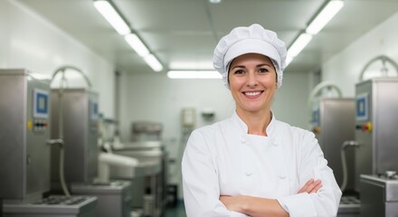 Confident female chef smiling in a professional kitchen. Food industry worker posing in a modern food processing factory with copy space.