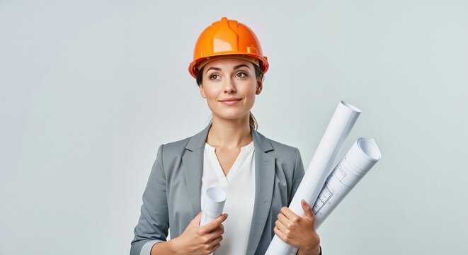 Confident female architect in an orange hard hat holding blueprints. Professional woman engineer standing on a grey background with copy space - Powered by Adobe