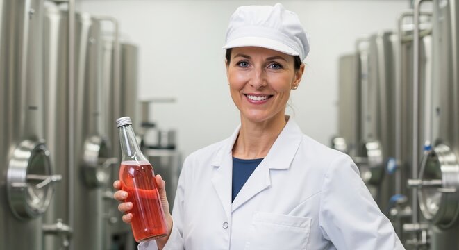 Portrait of a smiling factory worker holding a bottle of pink juice. Quality control expert in a beverage manufacturing plant with steel tanks