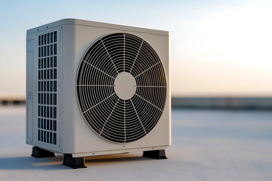 A residential air conditioning unit sits on a flat rooftop against a soft, gradient sky. The condenser unit features a large fan and is designed for efficient cooling of indoor spaces. - Powered by Adobe
