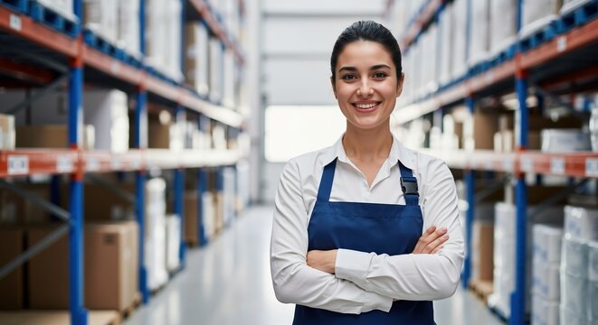 Portrait of a smiling female worker in a large warehouse. Confident logistics manager with arms crossed standing in a distribution center aisle with inventory shelves
