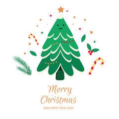 New year card. Christmas tree, the fir branch, candy, star, text. Vector illustration
