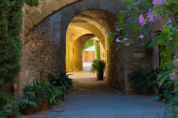 Obraz premium Series of medieval stone arches in Monells, Catalonia, with potted plants and pink flowers creating a romantic and historic atmosphere.