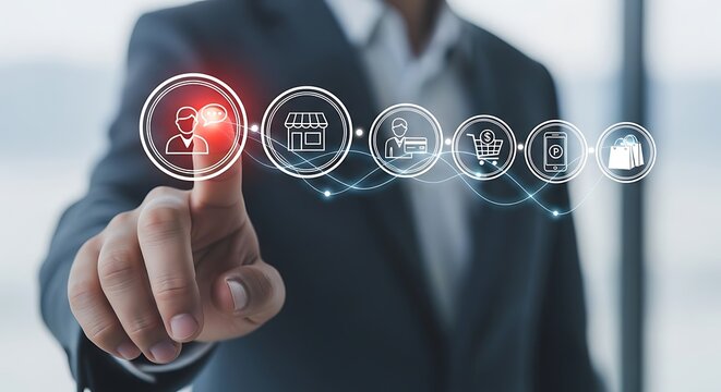 Businessman's finger touching digital icons representing e-commerce, online shopping, and customer journey. - Powered by Adobe
