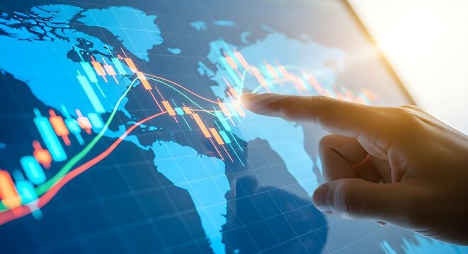 Global Financial Markets: Hand Touching Digital World Map with Stock Candlestick Charts and Data Analytics