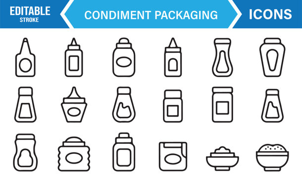 Vector icon pack of condiment packaging &ndash; sauce, seasoning, and flavor containers line illustration.