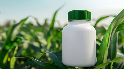 A close-up of a white plastic container with a green lid is nestled among lush corn plants in a field, capturing the essence of agriculture and its connection to plant cultivation.