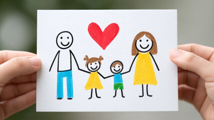 Obraz premium Child holding family drawing with smiling faces and heart symbol