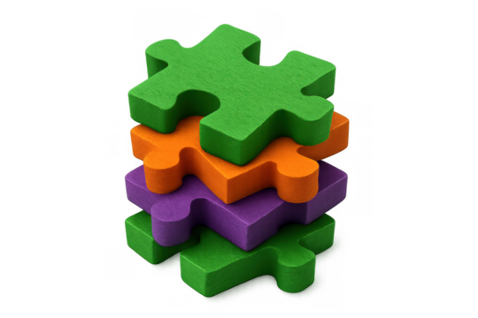 Stack of colorful puzzle pieces creating connection and problem solving, forming a team or concept - Powered by Adobe