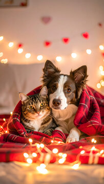 dog and cat under the blanket in studion, blurred background with hearts, happy valentines day
