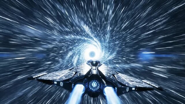 Quantum Leap: A Sleek Starship's High-Speed Voyage Through Hyperspace
