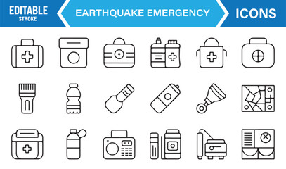 Editable stroke earthquake icon pack &ndash; first aid kit, battery, water, and rescue tools vector.