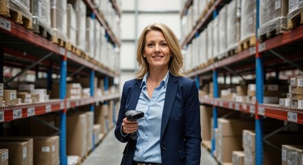 Smiling professional manager holding a barcode scanner in a warehouse. Confident businesswoman working in logistics and inventory control. Supply chain and distribution concept