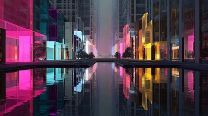 Futuristic city planning in mixed reality, featuring neon reflections and sci fi minimalism