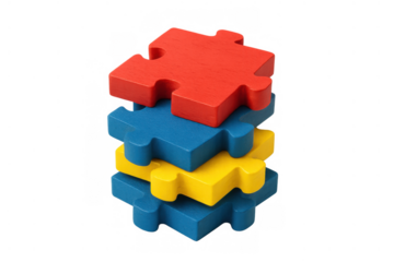 Colorful wooden puzzle pieces stacking, representing teamwork, solution, connection, cooperation, problem solving, challenge