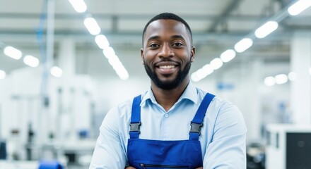 Obraz premium Smiling African American factory worker in blue overalls looking at the camera. Portrait of a confident professional technician in a modern industrial workshop