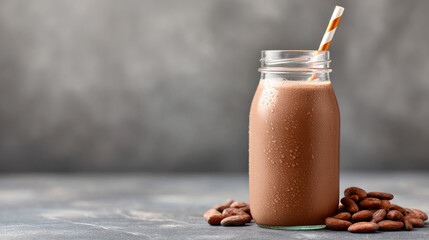Chilled chocolate milkshake with straw on gray background with cocoa beans