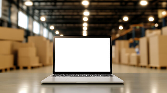 Open laptop in a warehouse showcasing efficient logistics management and inventory tracking. Perfect for illustrating supply chain solutions and e-commerce operations.