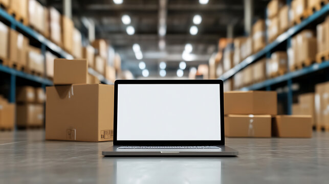 A laptop sits prominently in a bustling warehouse, amidst stacks of cardboard boxes. The blank screen offers space for your design in a modern fulfillment center. 177