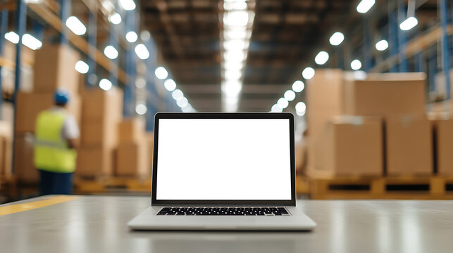 Laptop with blank screen in warehouse setting.  Aisle stacks of boxes for shipping are in the background. Worker visible too. Mockup image for warehouse themes.
