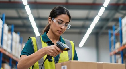 A female warehouse worker scans a barcode on a cardboard box with a handheld scanner. Logistics and inventory management in a distribution center