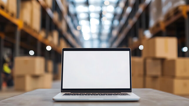 Laptop at warehouse. Streamlining inventory, managing logistics, and optimizing operations. Digitization of the supply chain. Technology and efficiency.