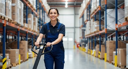Smiling female warehouse worker operating a pallet jack in a large distribution center. Professional woman in overalls working in the logistics and supply chain industry