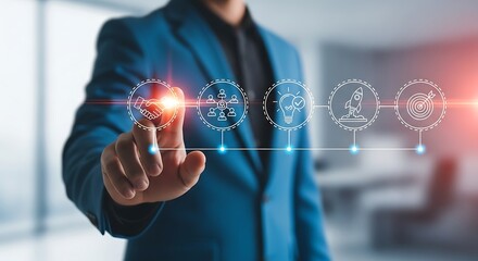 Businessman's hand touching digital icons: partnership, teamwork, idea, startup, and goal achievement in business strategy