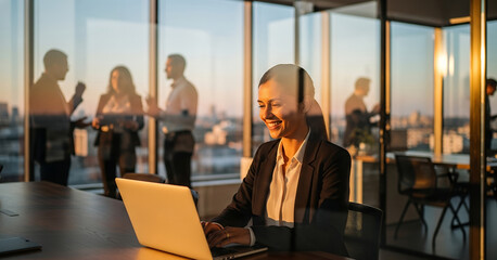 Corporate environment with employees discussing strategy and one focused worker using a laptop by the window at sunset.