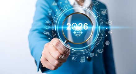 Businessman using magnifying glass to focus on 2026 with futuristic digital network and business icons, future planning concept