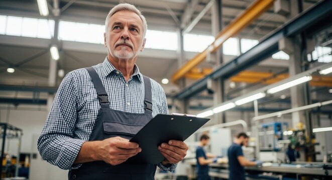 Senior factory worker with a clipboard supervising production. Experienced male engineer inspecting quality in a large industrial plant