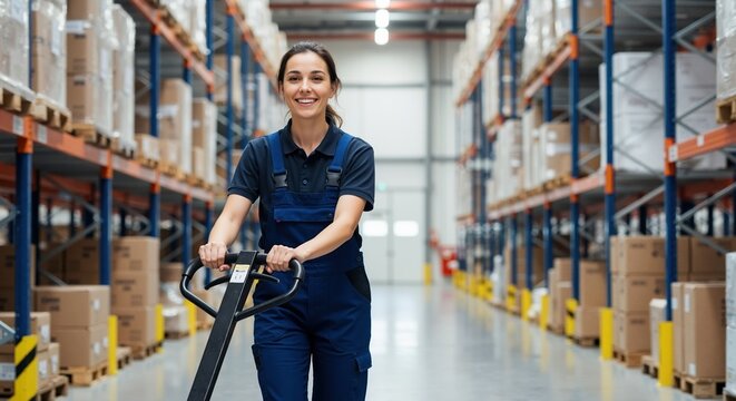 Smiling female warehouse worker operating a pallet jack in a large distribution center. Professional woman in overalls working in the logistics and supply chain industry