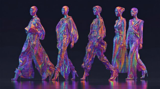Holographic fashion models strut on a digital runway bathed in neon tones and hyperrealism