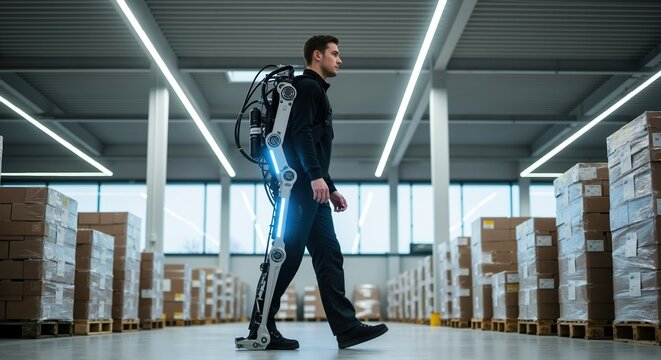 Man in a powered exoskeleton walking through a large warehouse. Futuristic worker using a bionic suit for logistics. Human augmentation and advanced robotics technology concept