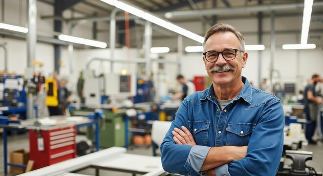 Portrait of a confident senior business owner in a factory. Smiling mature male worker with arms crossed in an industrial workshop - Powered by Adobe