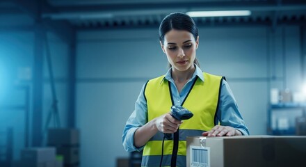 Female warehouse worker scanning a barcode on a package with a scanner. Logistics and inventory management in a modern distribution center