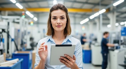 Female engineer using a digital tablet in a modern factory. Professional manager supervising production and quality control in an industrial plant. Smart industry and manufacturing concept