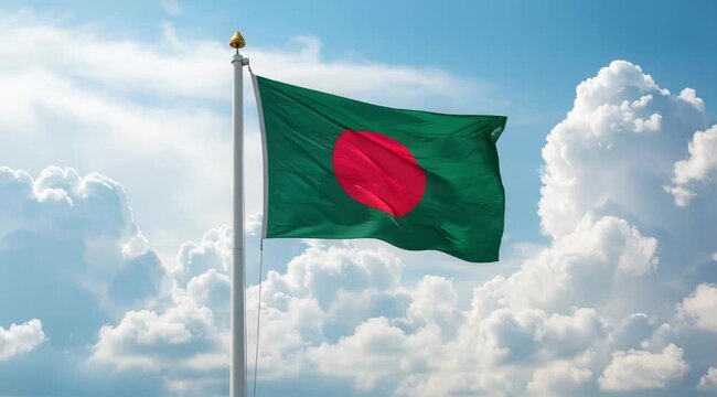 Bangladesh National Flag Waving on Tall Flagpole in Sky with Clouds &ndash; Bangladeshi Independence Day Celebration, Patriotism, Freedom, Bengal Culture & Heritage