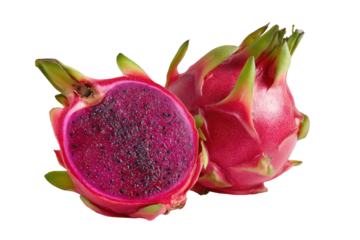 Two vibrant pink dragon fruit halves, one whole, against a black background.  The fruit is sliced, revealing a deep crimson-purple interior dotted with tiny dark seeds.  